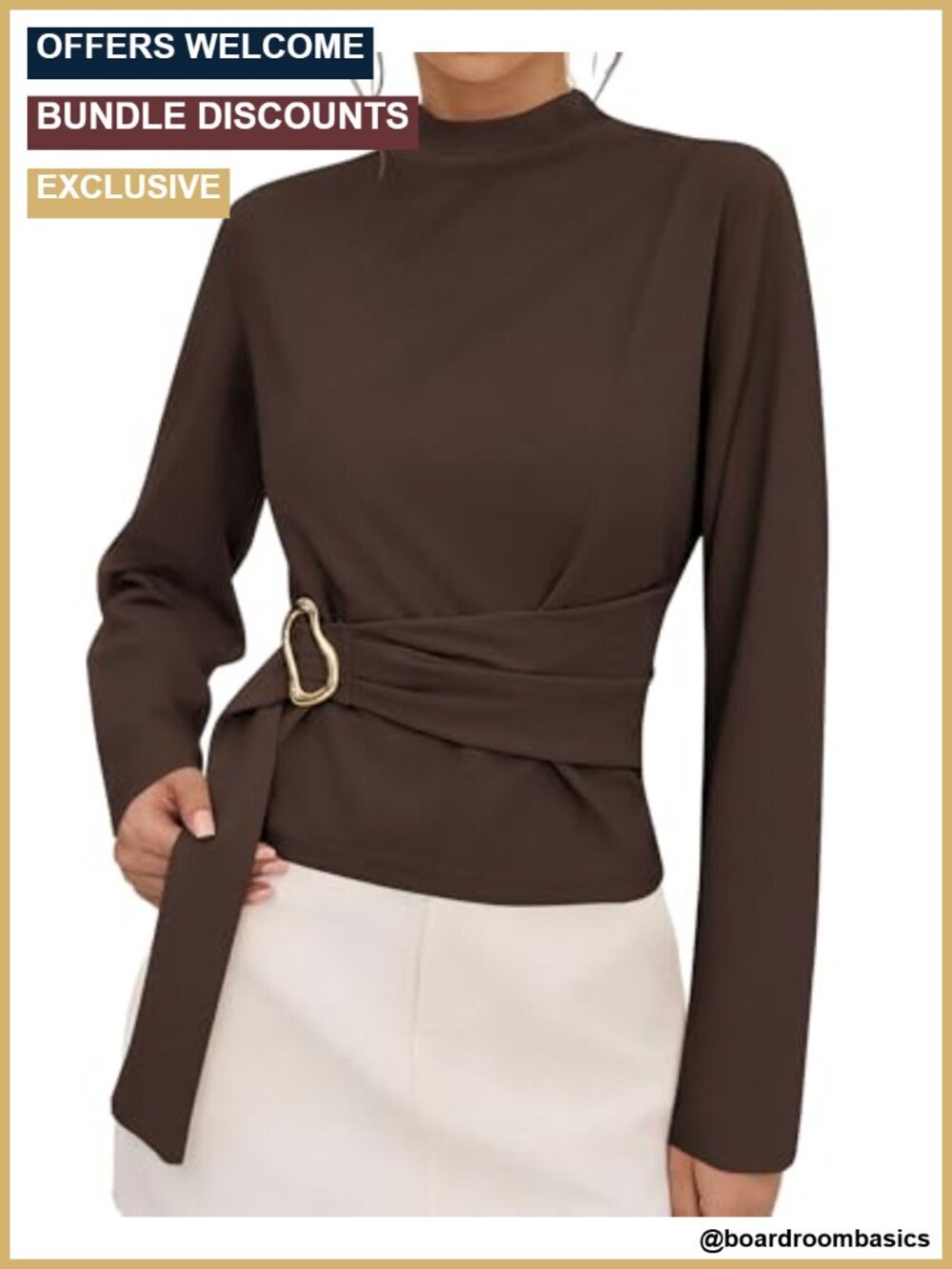 Mock Neck Long Sleeve Tunic Blouse with Belt and Back Zipper
